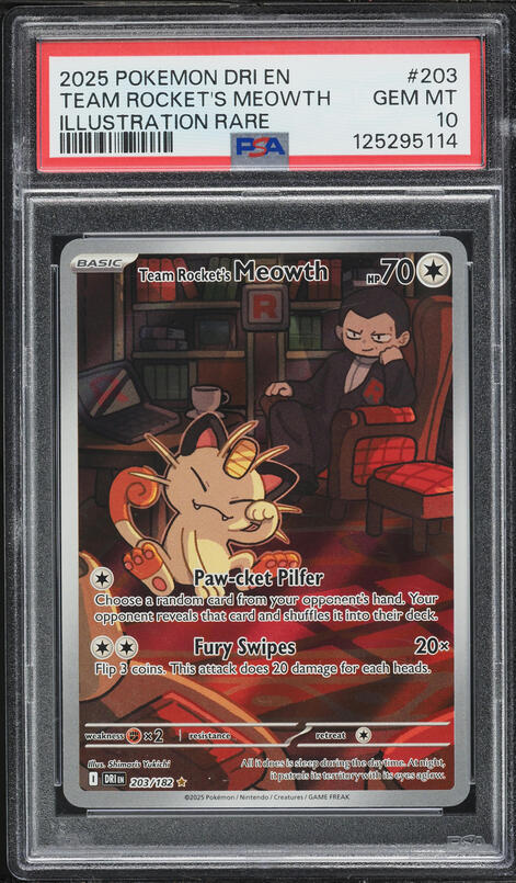 2025 Pokemon Scarlet & Violet Destined Rivals IR Team Rocket's Meowth #203 PSA 10 GEM MINT