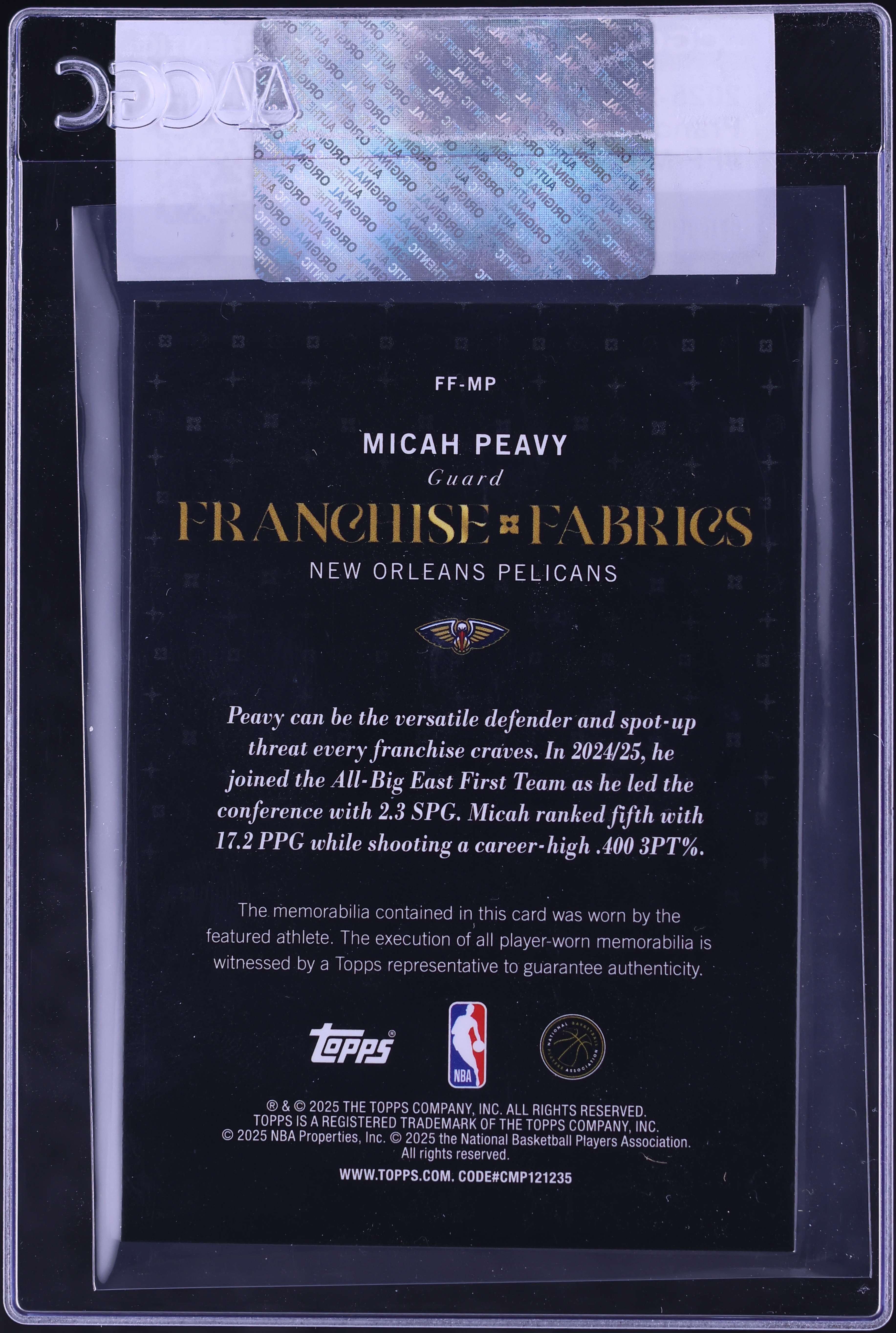 2025 Topps Franchise Fabrics Micah Peavy ROOKIE PATCH #FF-MP CGC 