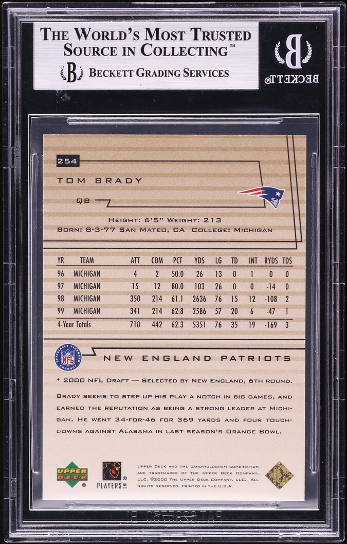 2000 Upper Deck Exclusives Gold Tom Brady ROOKIE /25 #254 BGS 9 MINT