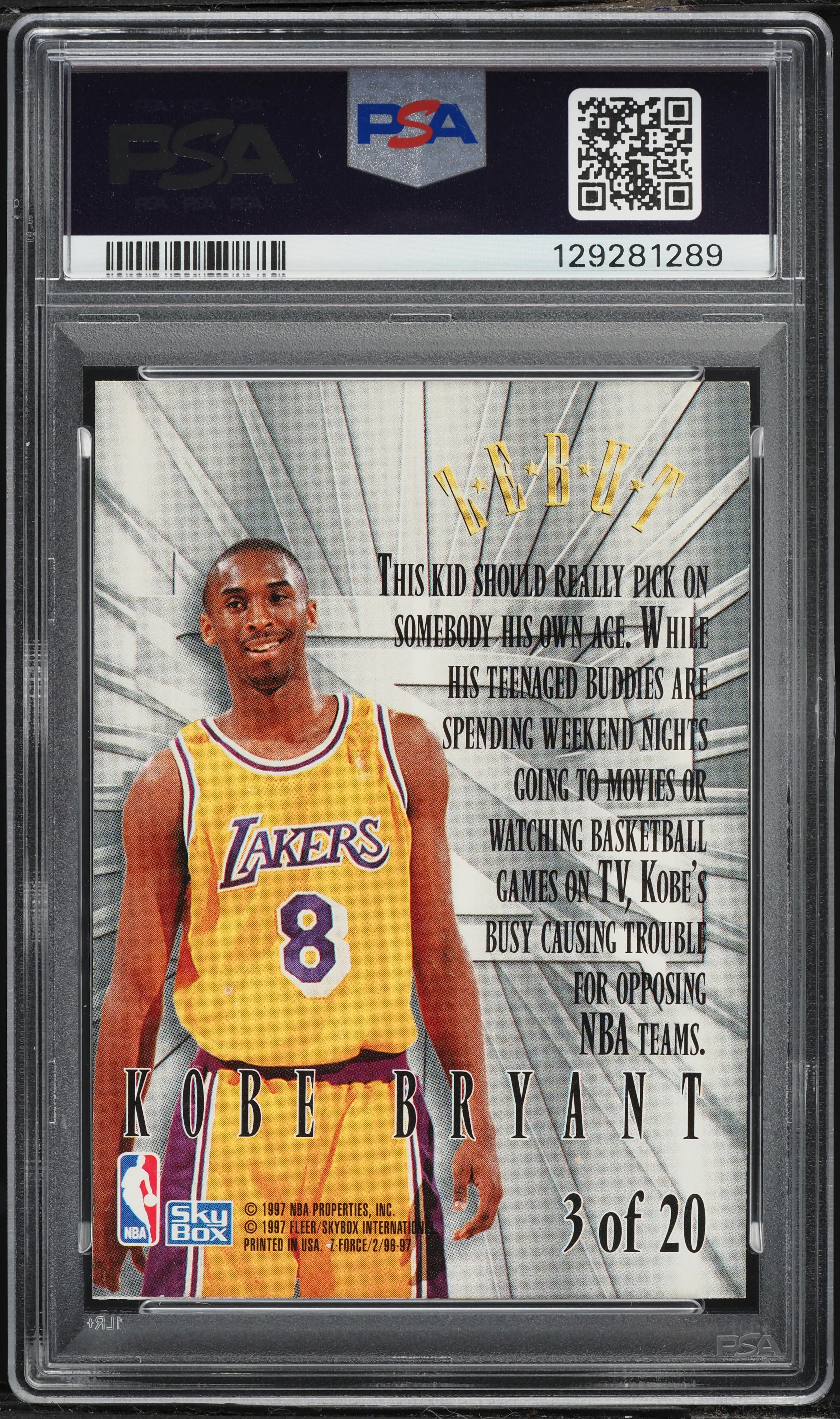 1996 Skybox Z-Force Zebut Kobe Bryant ROOKIE #3 PSA 9 MINT on 