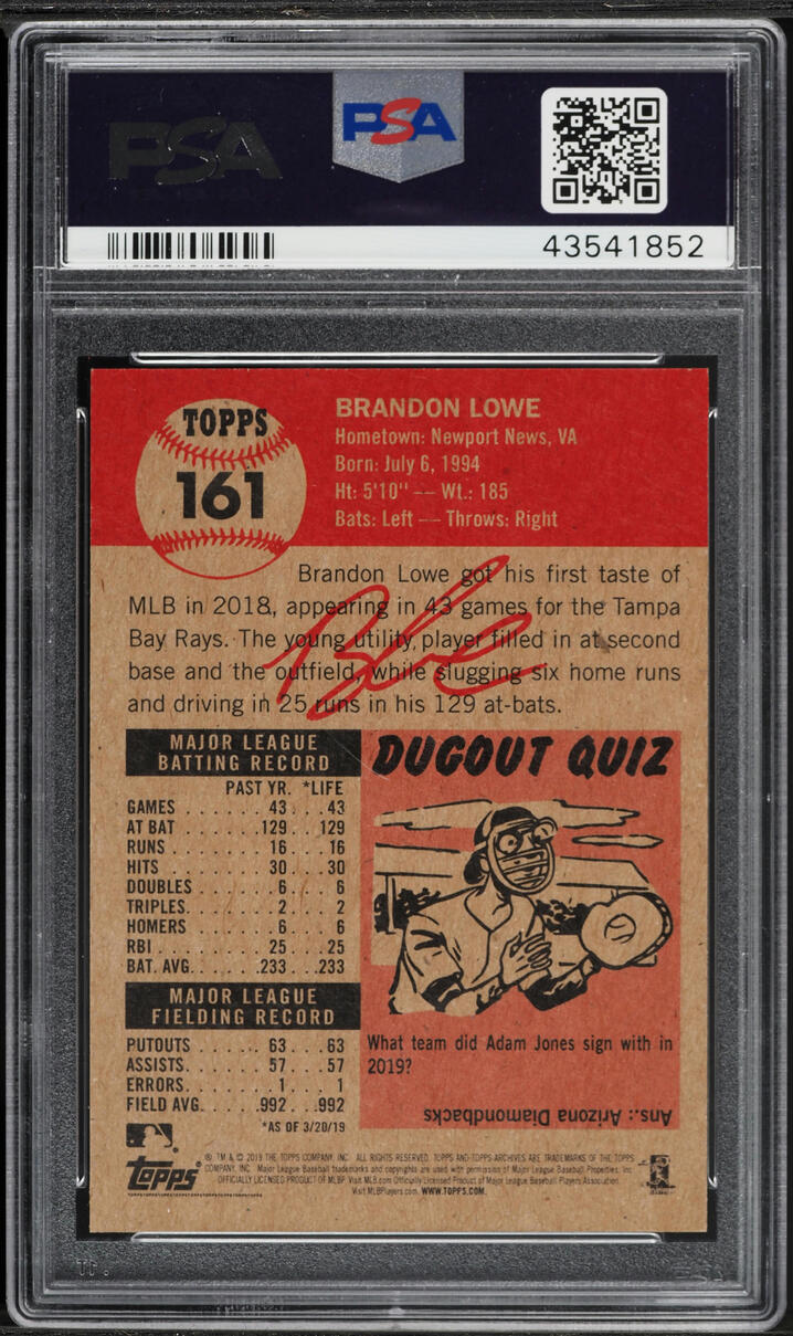 2019 Topps Living Brandon Lowe ROOKIE #161 PSA 10 GEM MINT