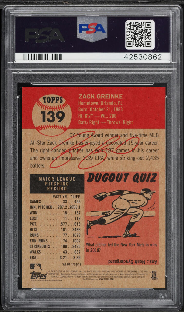 2019 Topps Living Zack Greinke #139 PSA 10 GEM MINT