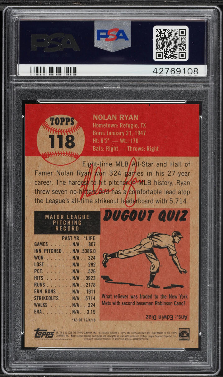 2018 Topps Living Nolan Ryan #118 PSA 10 GEM MINT