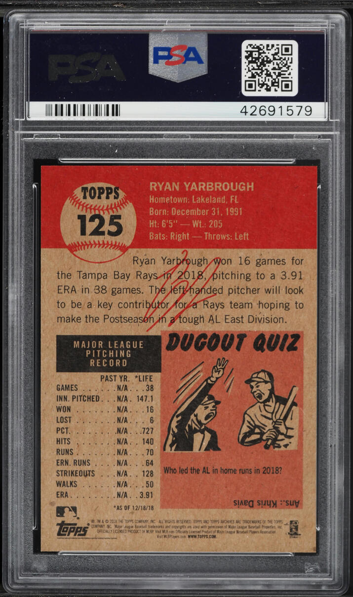 2018 Topps Living Ryan Yarbrough ROOKIE #125 PSA 10 GEM MINT