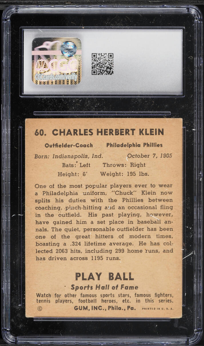 1941 Play Ball Chuck Klein #60 CGC 3 VG