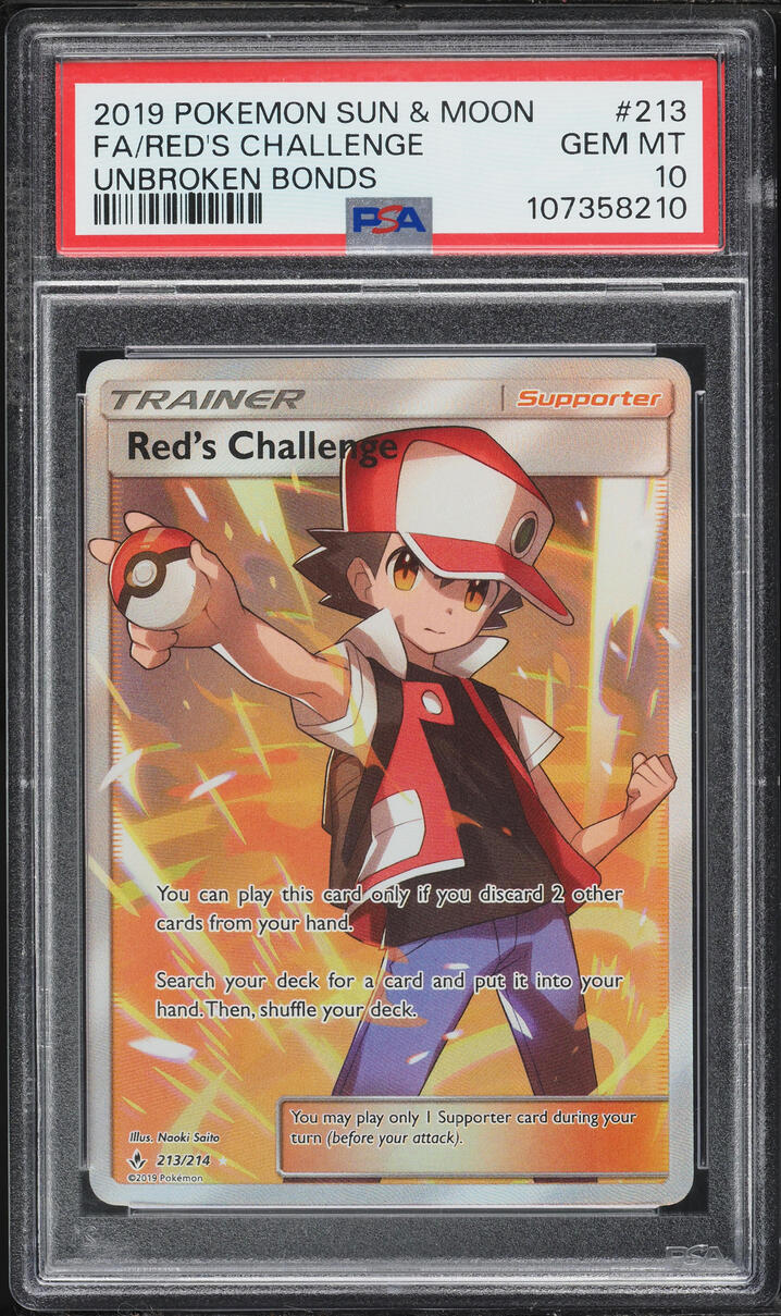 2019 Pokemon Sun & Moon Unbroken Bonds Full Art Red's Challenge #213 PSA 10 GEM MINT