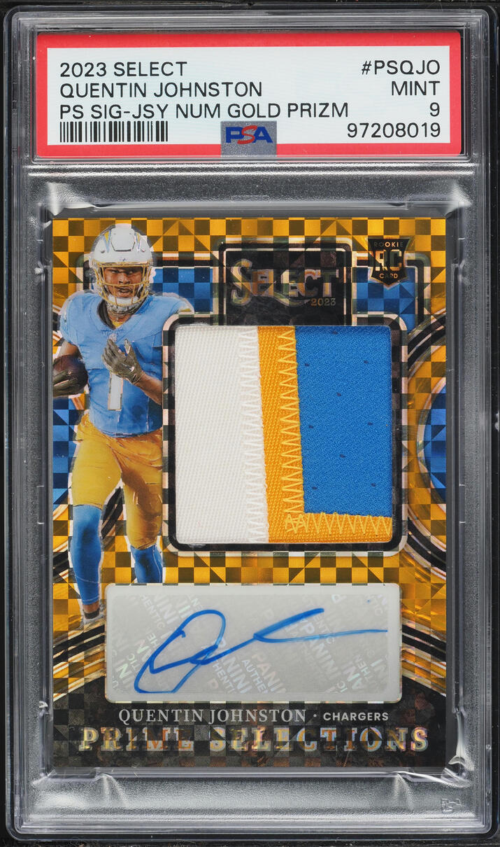 2023 Select Prime Selections Signatures Num Gold Prizm Quentin Johnston RC PATCH AUTO /10 PSA 9