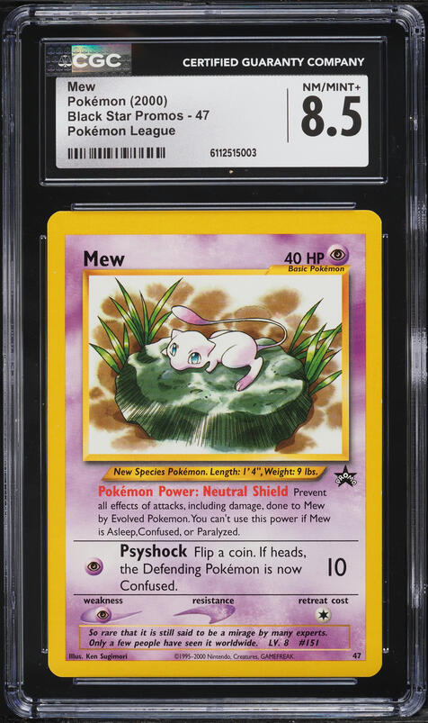 mew holographic card 1995 is a rare pokemon RARE Mew Promo Star Pokemon Card #151 Ancient Mew 2000 Pokemon League Black Star