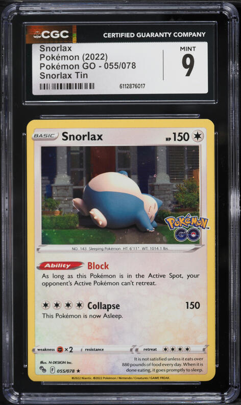 2022 Pokemon Sword & Shield Pokemon GO Snorlax Tin Snorlax #55 CGC 9 MINT