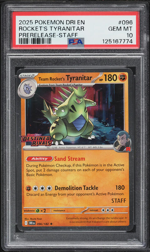 2025 Pokemon SV Destined Rivals Prerelease Staff Team Rocket's Tyranitar #96 PSA 10 GEM MINT