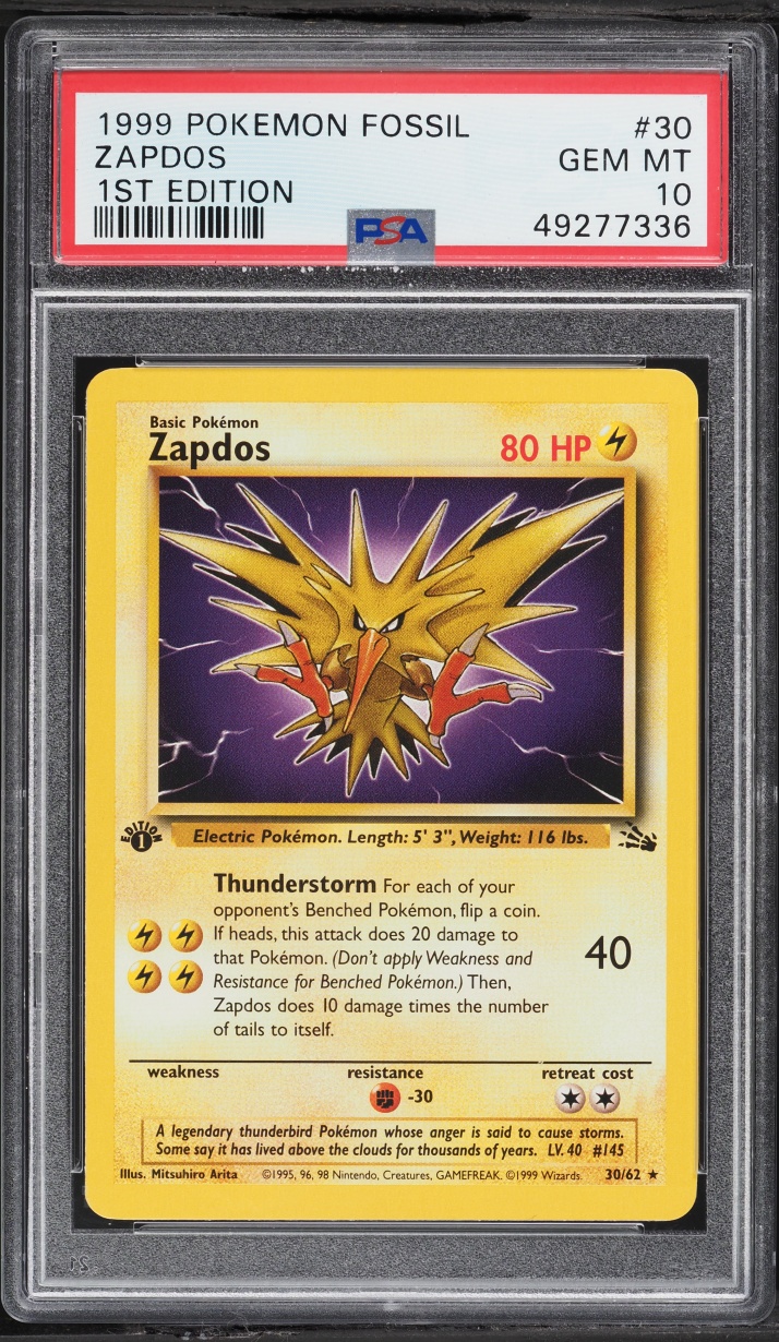 1999 Pokemon Fossil 1st Edition Zapdos #30 PSA 10 GEM MINT