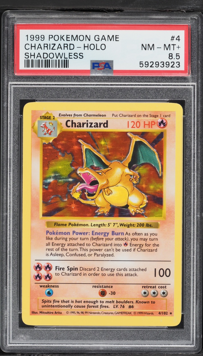 1999 Pokemon Base Set Shadowless Holo Charizard #4 PSA 8.5 NM-MT+