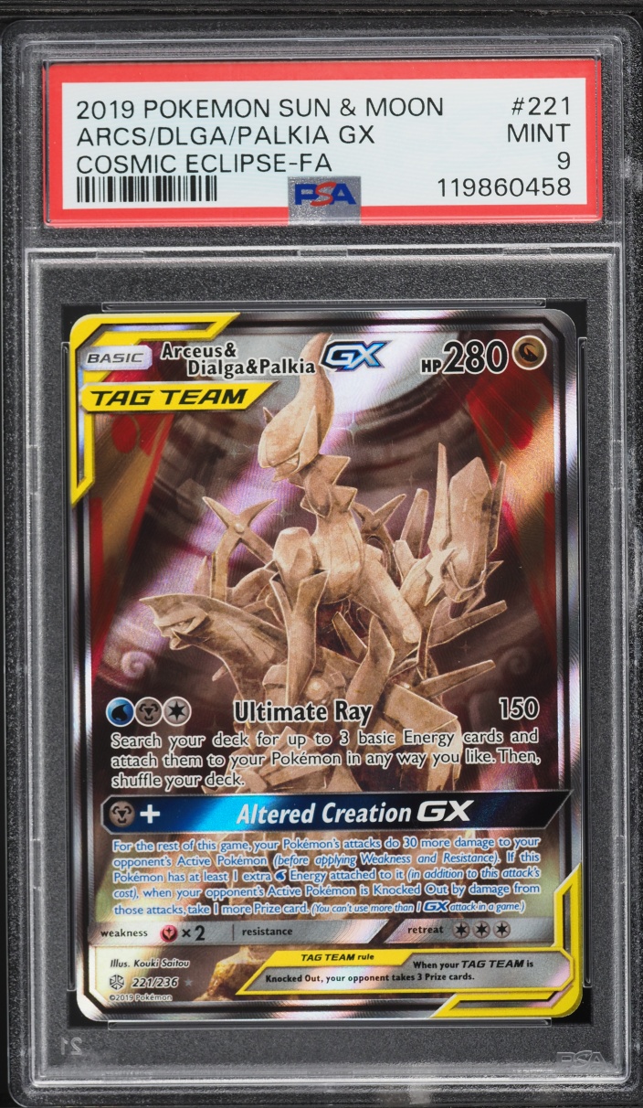 2019 Pokemon Sun & Moon Cosmic Eclipse Full Art Arceus & Dialga & Palkia GX #221 PSA 9 MINT
