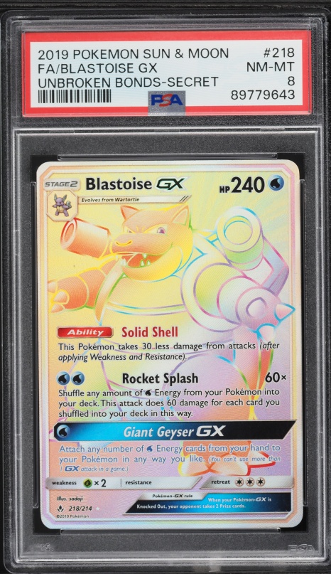 2019 Pokemon Sun & Moon Unbroken Bonds Rainbow Rare Blastoise GX #218