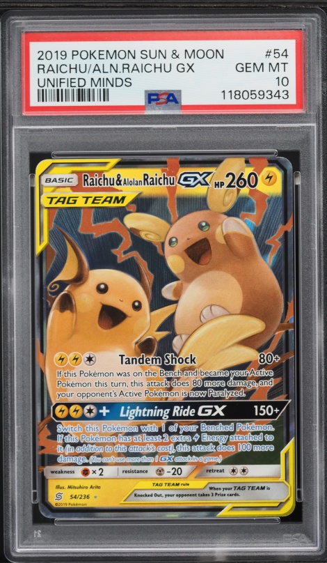 2019 Pokemon Sun & Moon Unified Minds Holo Raichu & Alolan Raichu GX #54