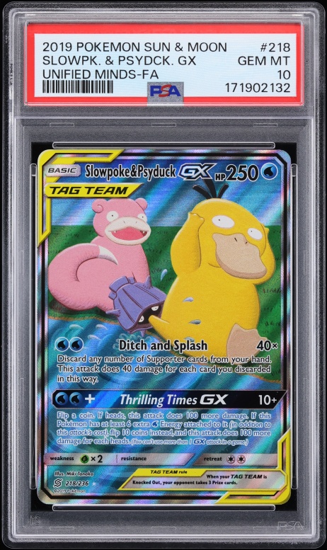 2019 Pokemon Sun & Moon Unified Minds Full Art Slowpoke & Psyduck GX #218 PSA 10 GEM MINT