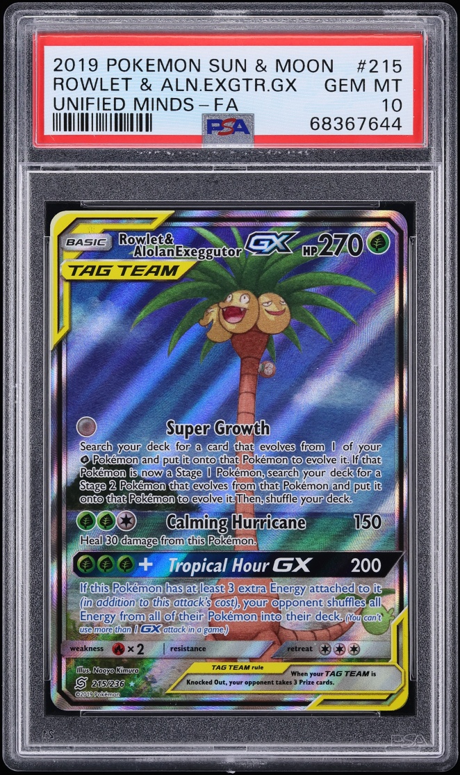 2019 Pokemon Sun & Moon Unified Minds Full Art Rowlet Alolan Exeggutor GX #215 PSA 10 GEM MINT