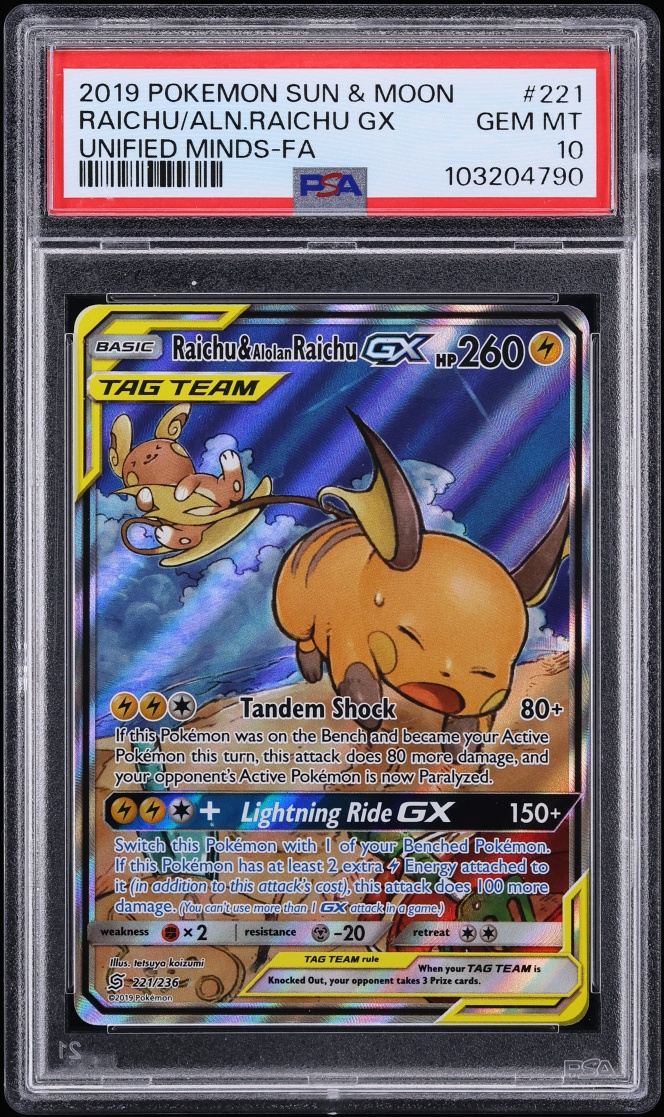 2019 Pokemon Sun & Moon Unified Minds Alt Art Raichu & Alolan Raichu GX #221 PSA 10 GEM MINT