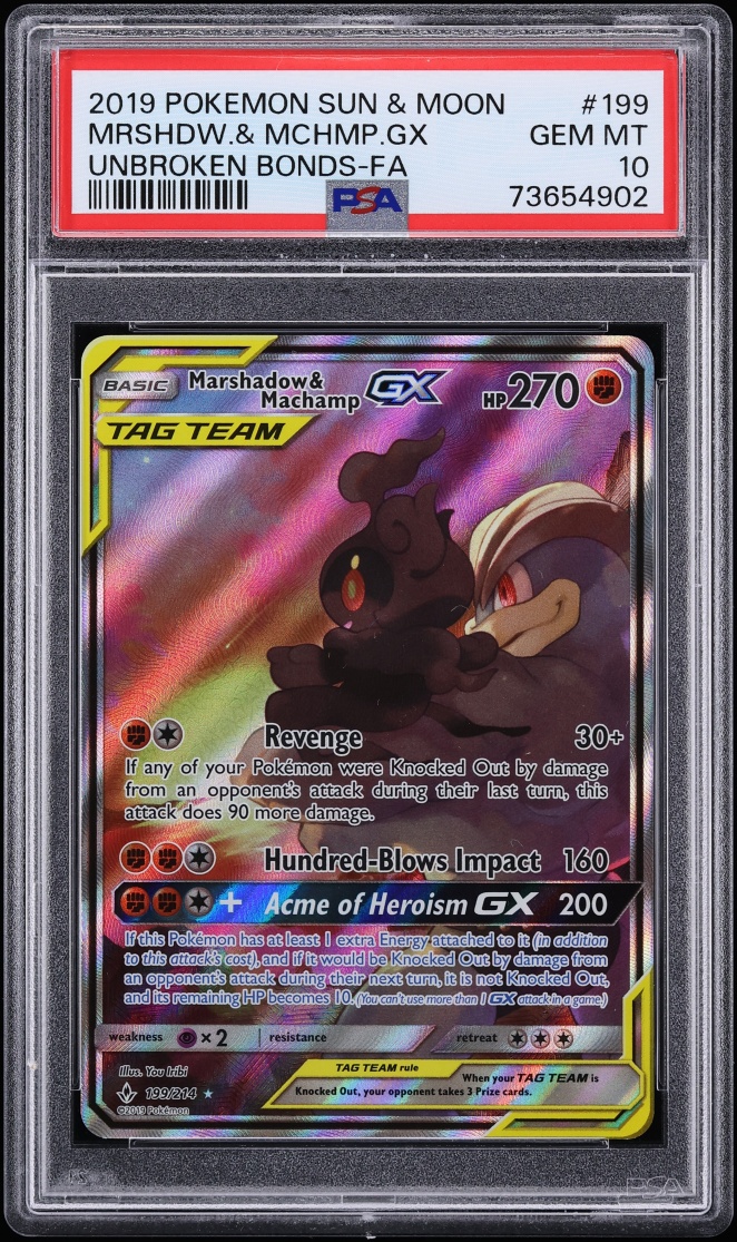 2019 Pokemon Sun & Moon Unbroken Bonds Full Art Marshadow & Machamp GX #199 PSA 10 GEM MINT