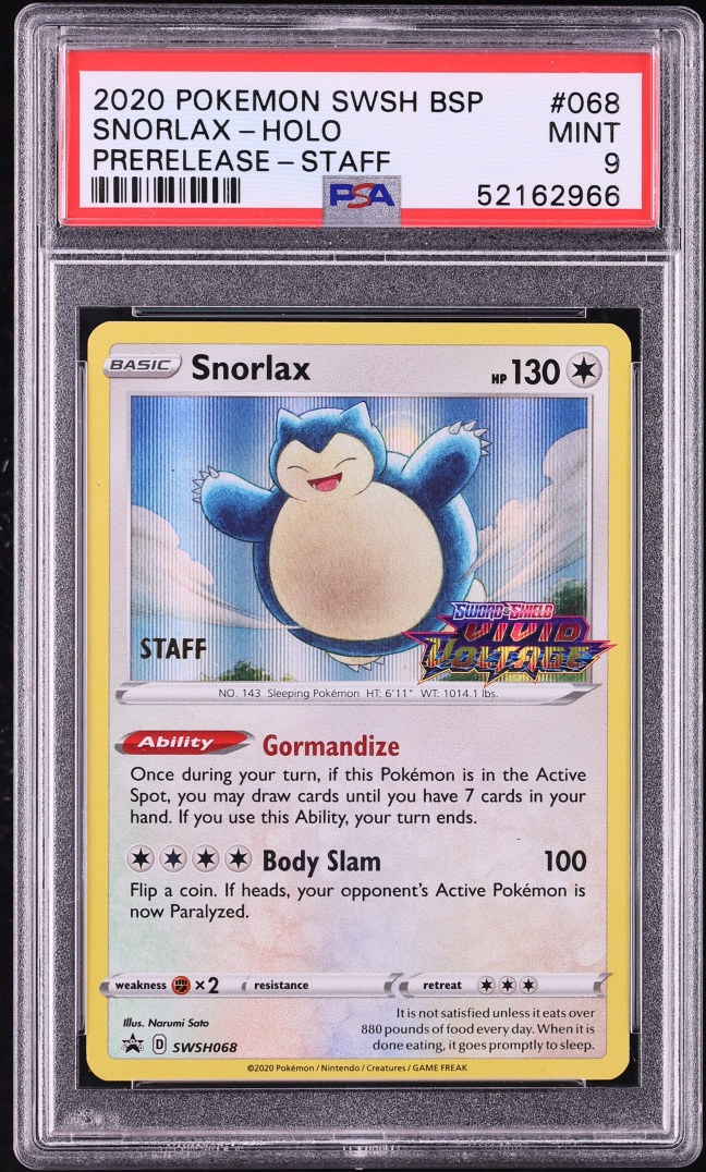 2020 Pokemon SWSH Promo Vivid Voltage Prerelease Staff Holo Snorlax #SWSH068 PSA 9 MINT