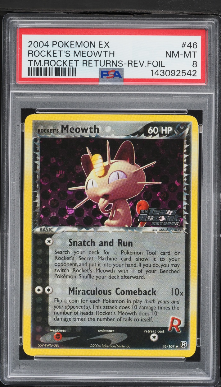 2004 Pokemon EX Team Rocket Returns Reverse Holo Rocket's Meowth #46 PSA 8 NM-MT