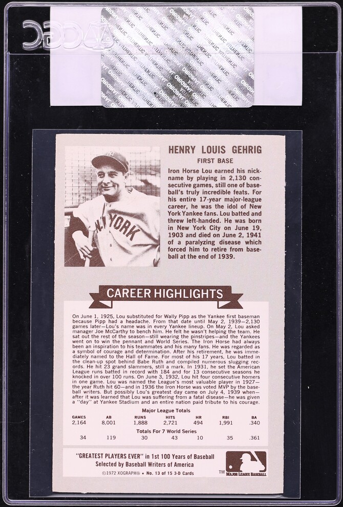 1972 Kellogg's All-Time Baseball Greats Lou Gehrig #13 CGC AUTH