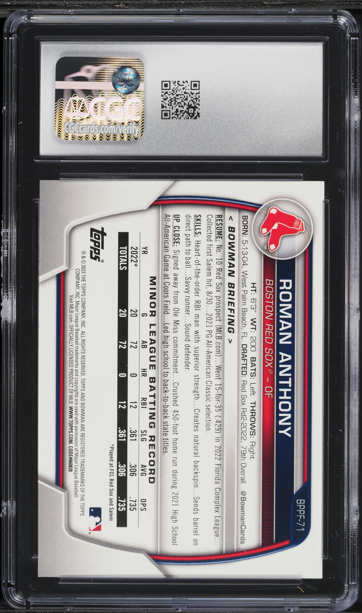 2023 Bowman 1st Edition Sky Blue Foil Roman Anthony PROSPECT #BPPF-71 CGC 8 NM-MT