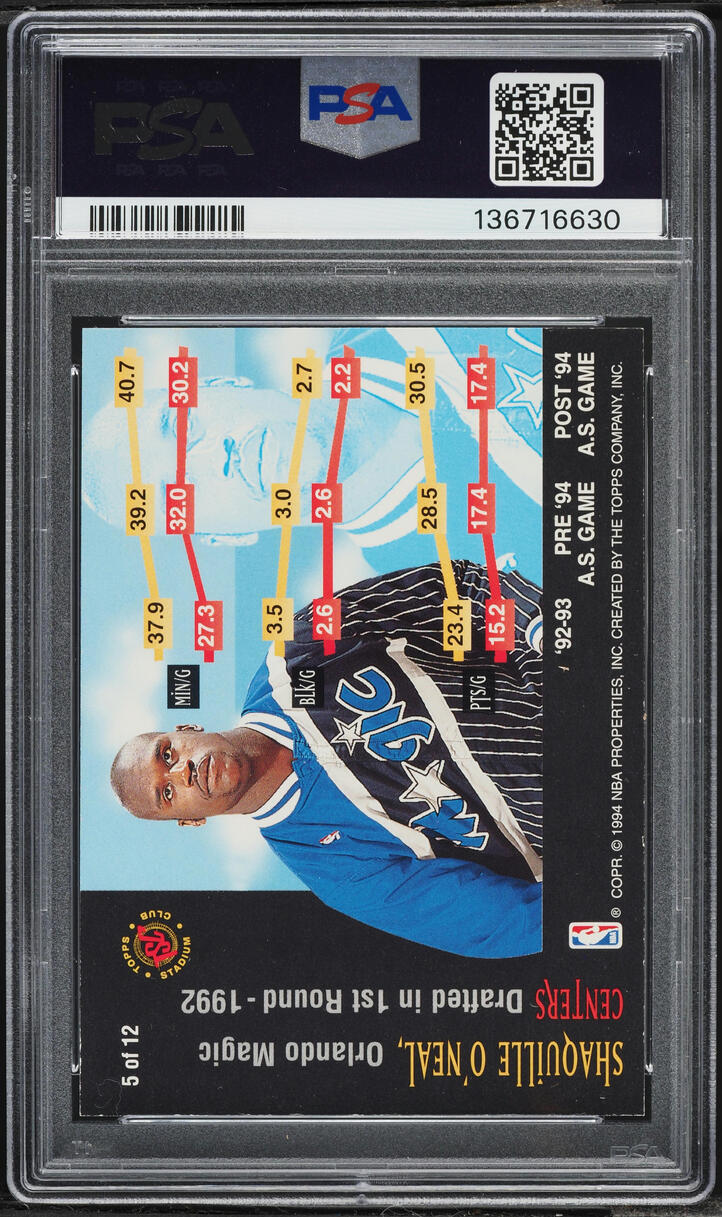 1994 Stadium Club Rising Stars Shaquille O'Neal #5 PSA 8 NM-MT