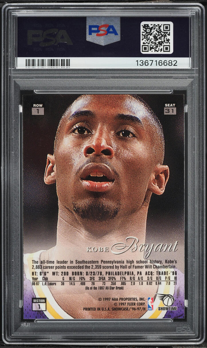 1996 Flair Showcase Row 1 Kobe Bryant ROOKIE #31 PSA 8 NM-MT
