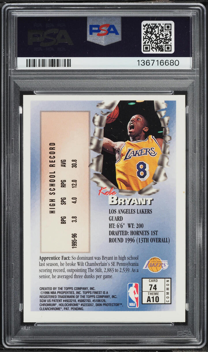 1996 Finest Basketball w/ Coating Kobe Bryant ROOKIE #74 PSA 8 NM-MT