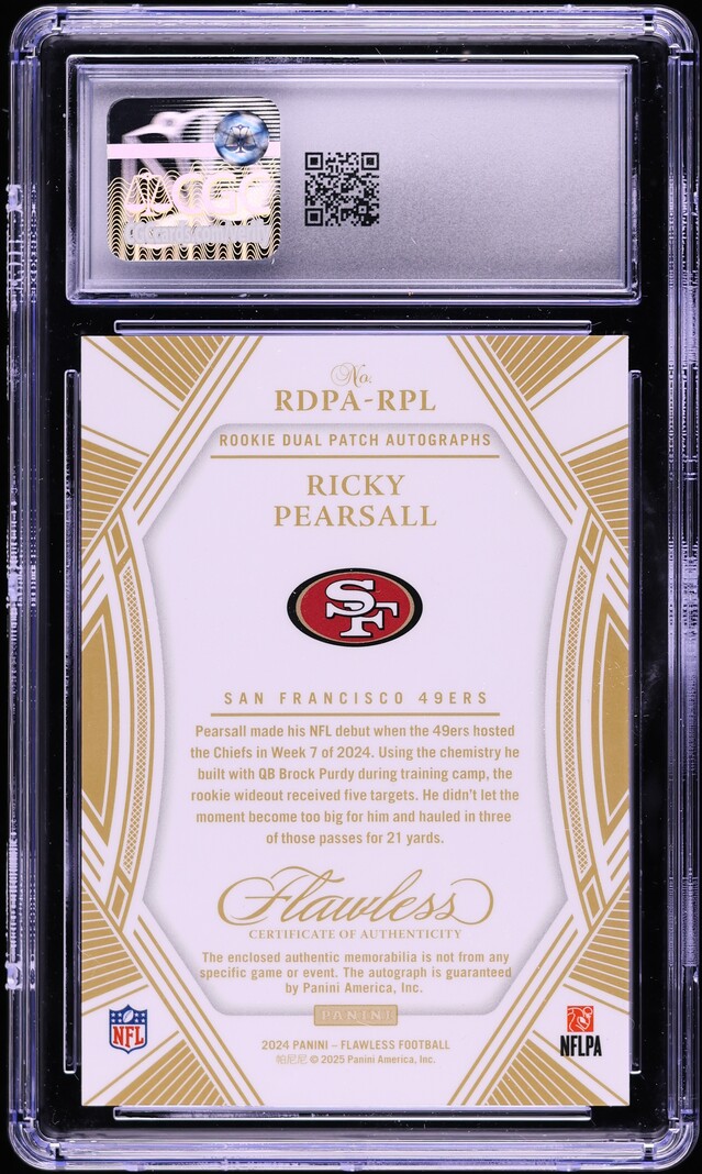 2024 Panini Flawless Dual Sapphire Ricky Pearsall ROOKIE PATCH AUTO /10 CGC 10 GEM MINT