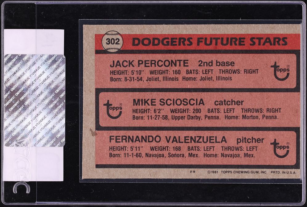 1981 Topps Dodgers Future Stars Perconte Scioscia Fernando Valenzuela ROOKIE #302 CGC AUTH