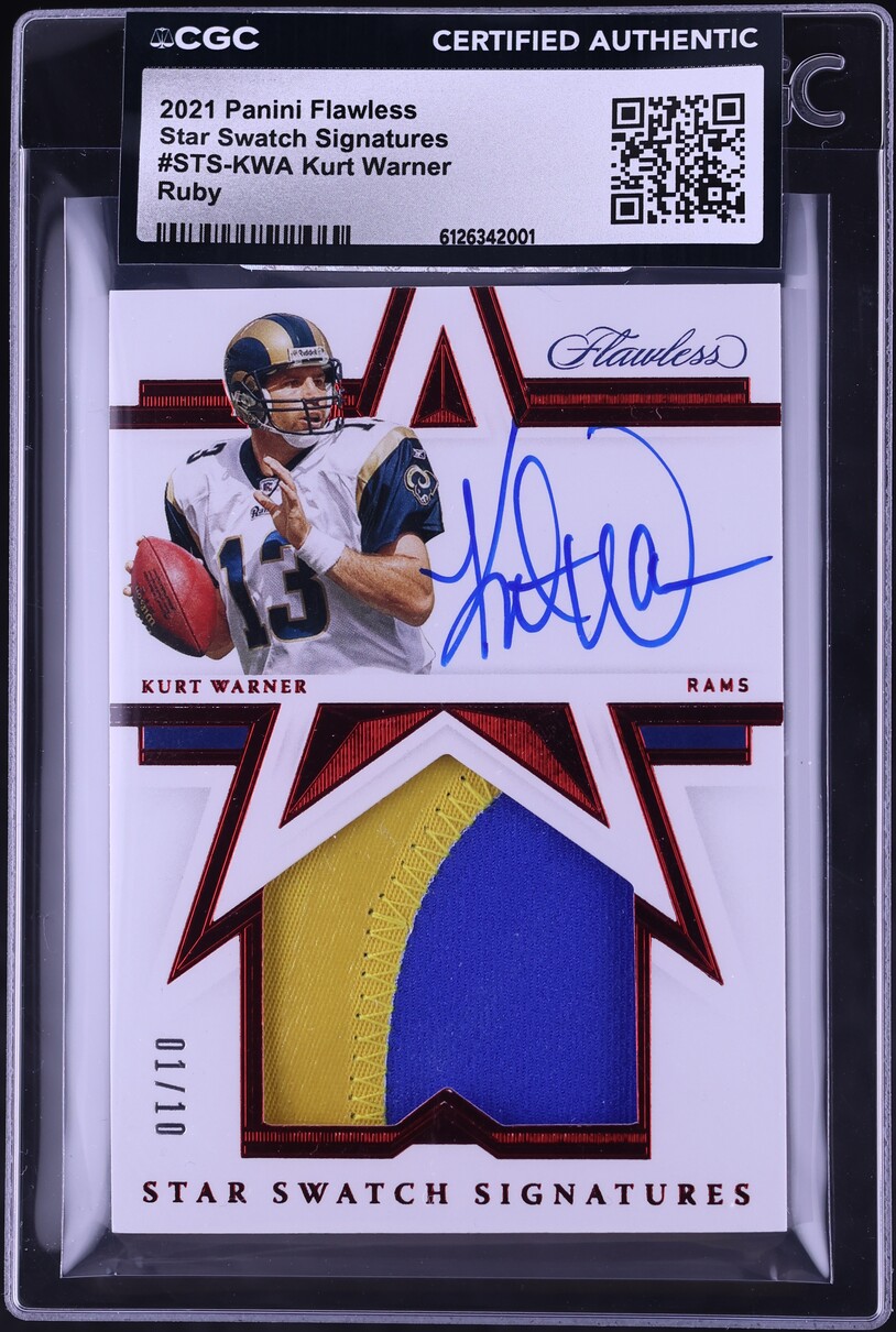 2021 Panini Flawless Star Swatch Signatures Ruby Kurt Warner PATCH AUTO 1/10 #STS-KWA CGC AUTH