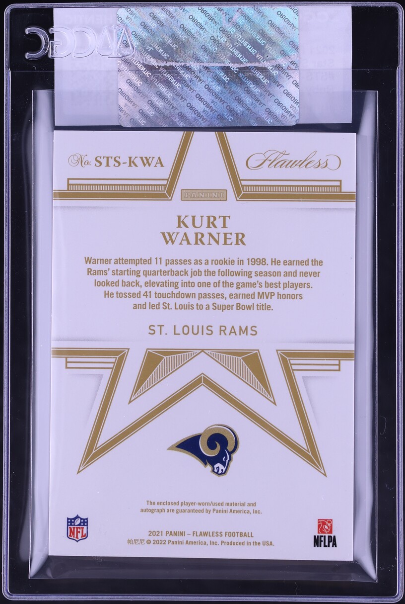 2021 Panini Flawless Star Swatch Signatures Ruby Kurt Warner PATCH AUTO 1/10 #STS-KWA CGC AUTH