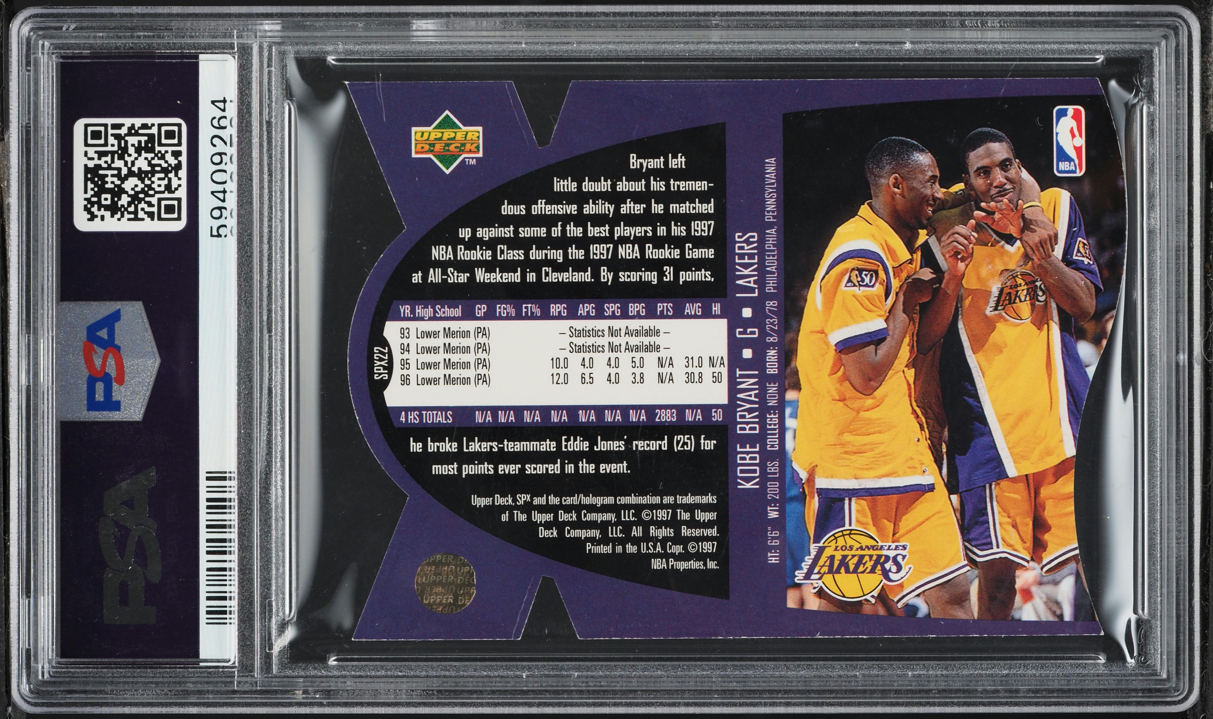 1997 SPx Basketball Die-Cut Kobe Bryant #SPX22 PSA 8 NM-MT on 