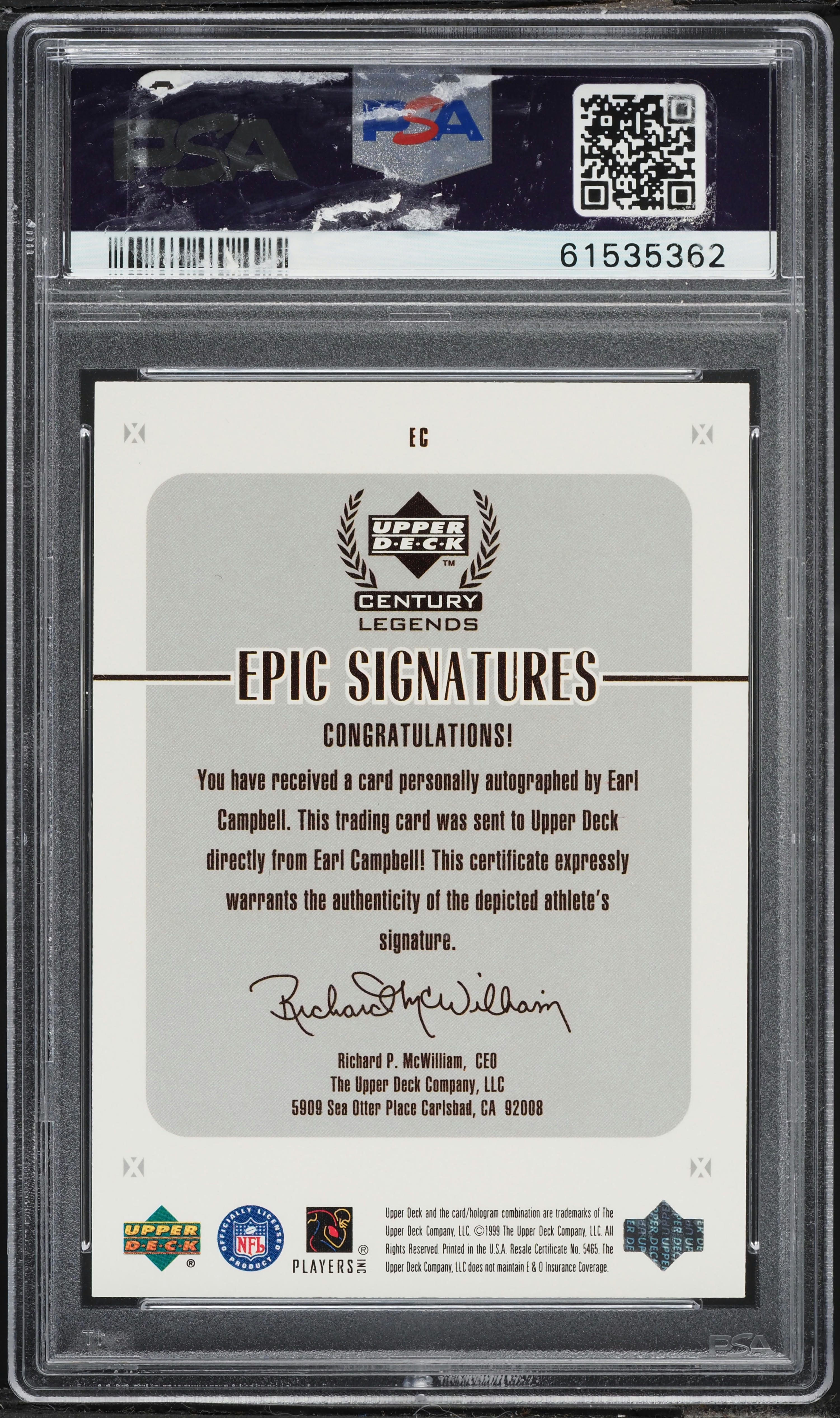 1999 Upper Deck Century Legends Epic Signatures Earl Campbell AUTO