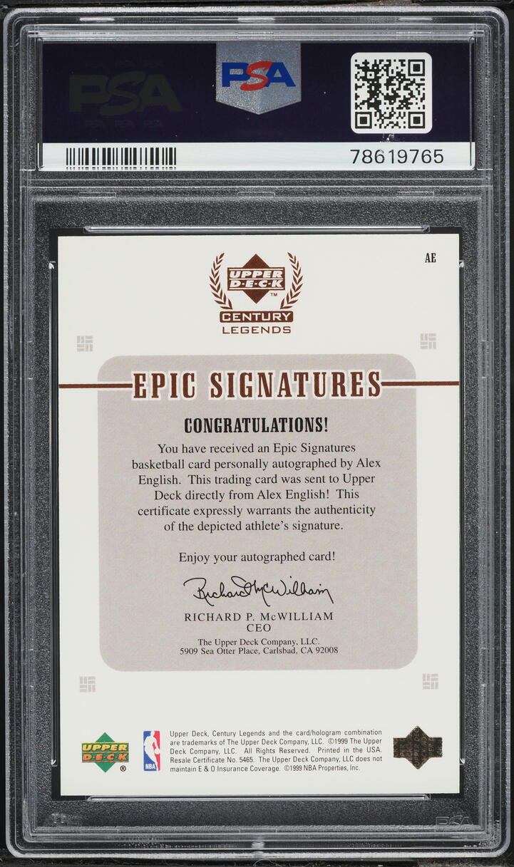1999 Upper Deck Century Legends Epic Signatures Alex English AUTO #AE PSA 9 MINT