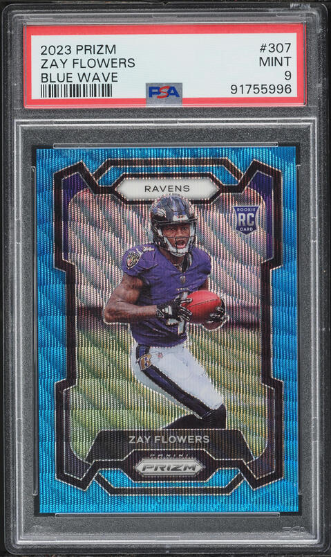 2023 Panini Prizm Blue Wave Zay Flowers ROOKIE /199 #307 PSA 9