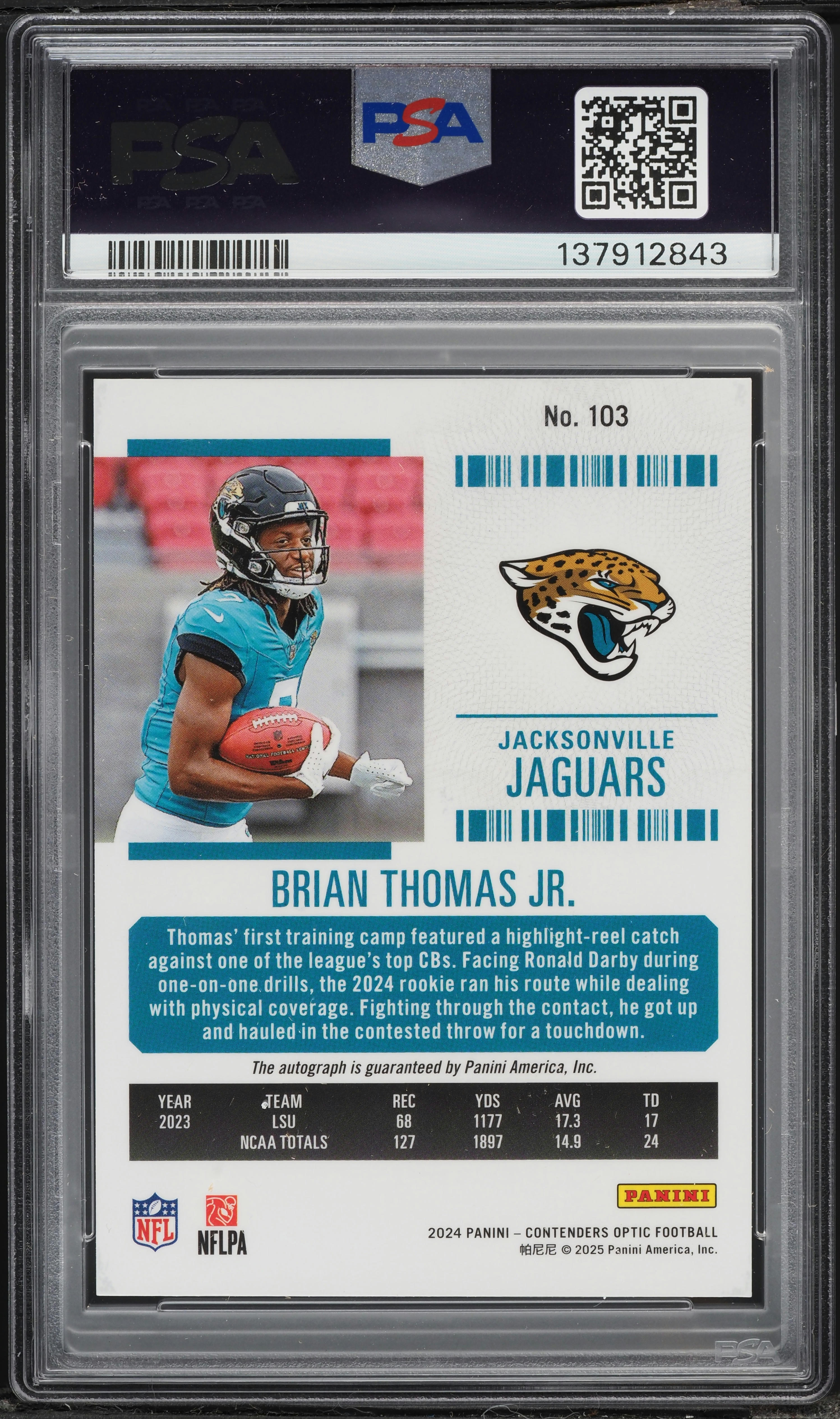 2024 Panini Contenders Optic Brian Thomas Jr. ROOKIE AUTO #103 PSA