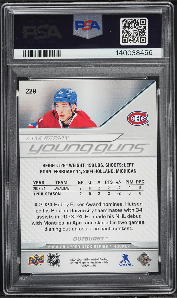 2024 Upper Deck Young Guns Outburst Lane Hutson ROOKIE #229 PSA 10 GEM MINT