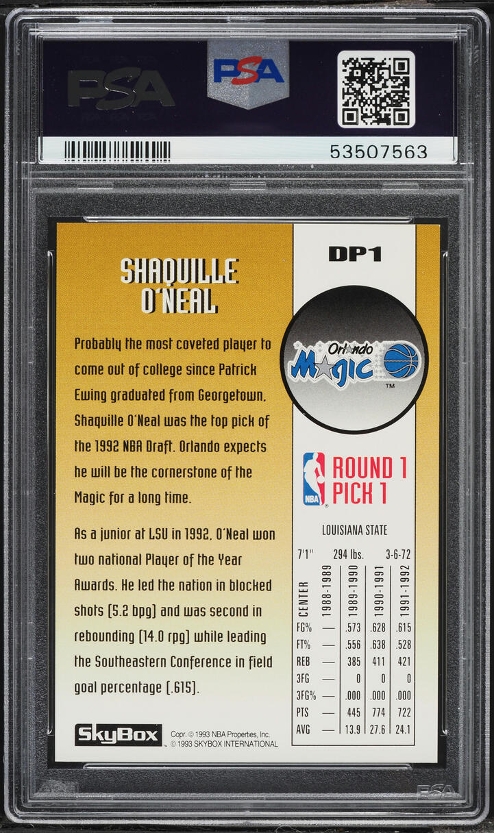 1992 Skybox Draft Pick Shaquille O'Neal ROOKIE #DP1 PSA 9 MINT