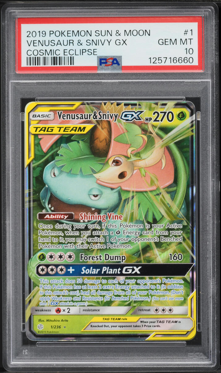 2019 Pokemon Sun & Moon Cosmic Eclipse Venusaur & Snivy GX #1 PSA 10 GEM MINT