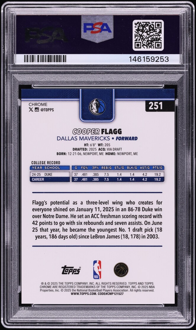 2025 Topps Chrome 1st Day Issue Cooper Flagg ROOKIE /12 #251 PSA 10 GEM MINT