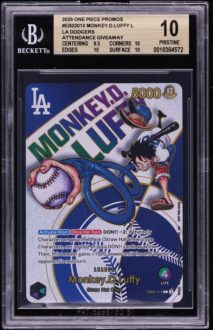 2025 One Piece LA Dodgers Promos Monkey D. Luffy L #EB02-010 BGS 10 PRISTINE