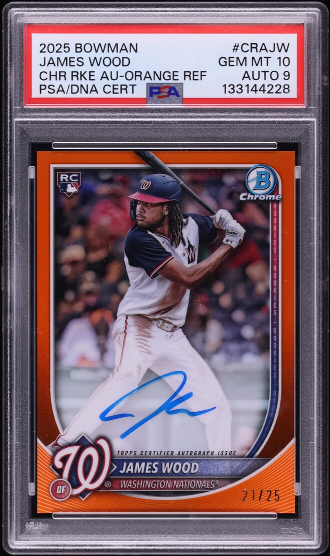2025 Bowman Chrome Orange Refractor James Wood ROOKIE AUTO DNA 9 /25 #CRA-JW PSA 10 GEM MINT