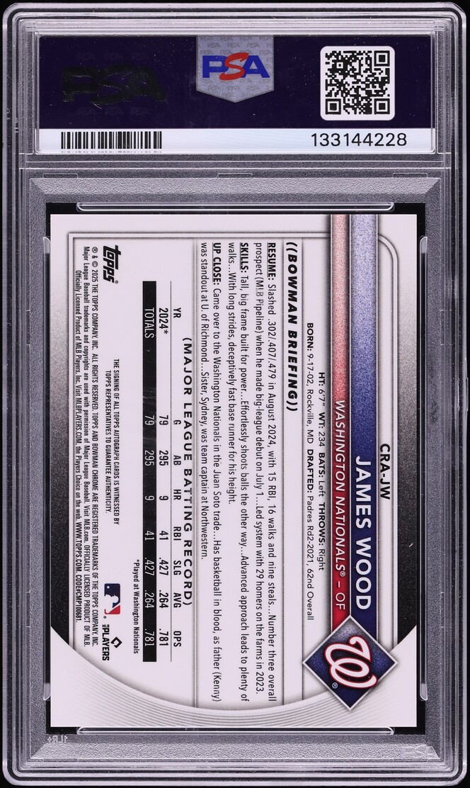 2025 Bowman Chrome Orange Refractor James Wood ROOKIE AUTO DNA 9 /25 #CRA-JW PSA 10 GEM MINT