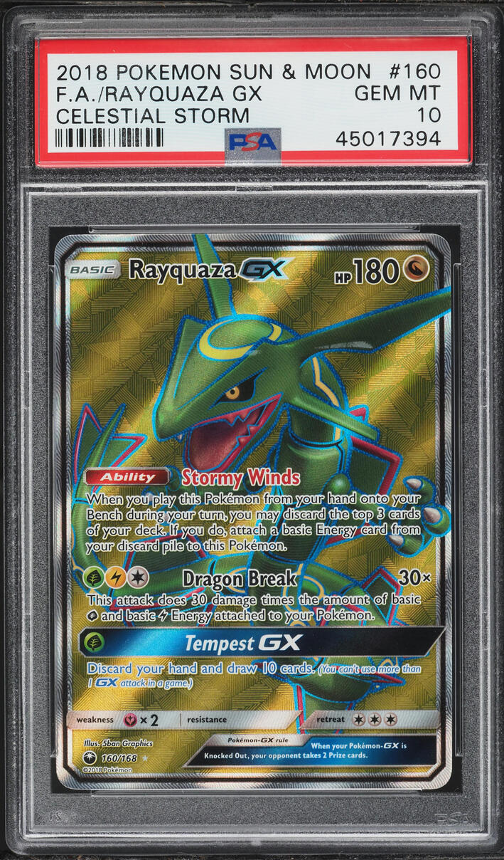 2018 Pokemon Sun & Moon Celestial Storm Full Art Rayquaza GX #160 PSA 10 GEM MINT