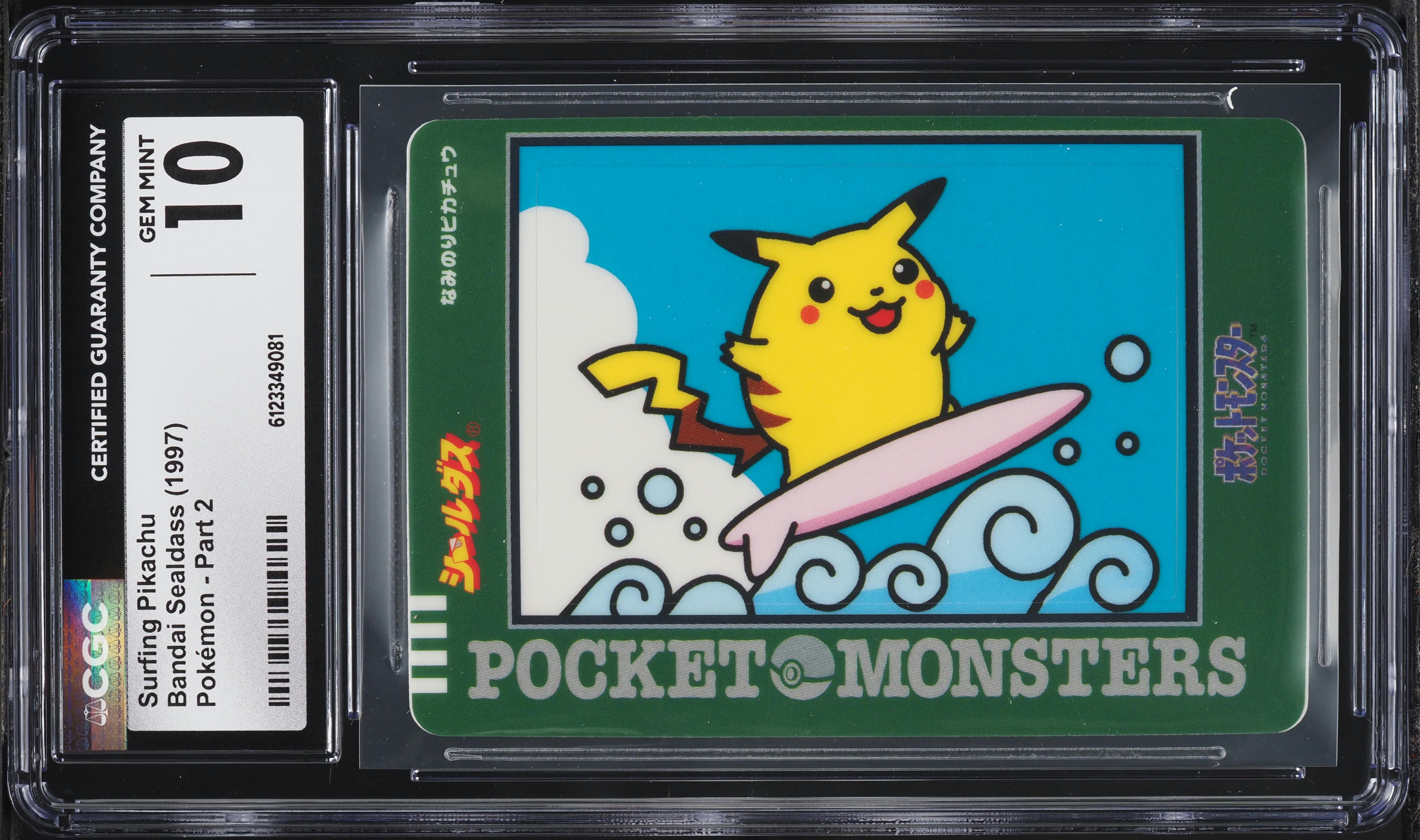 1997 Pokemon Japanese Bandai Sealdass Surfing Pikachu CGC 10 GEM
