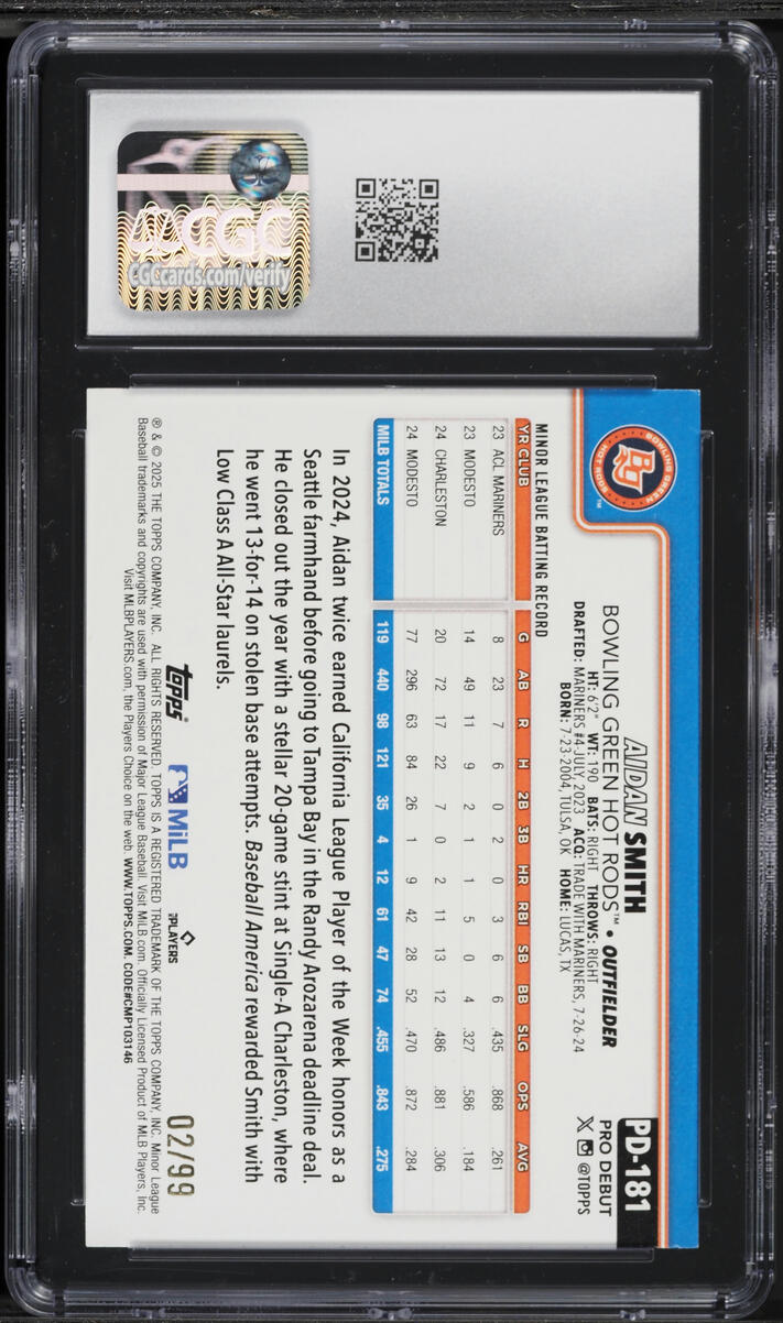 2025 Topps Pro Debut Green Foil Aidan Smith PROSPECT /99 #PD-181 CGC 8.5 NM-MT+