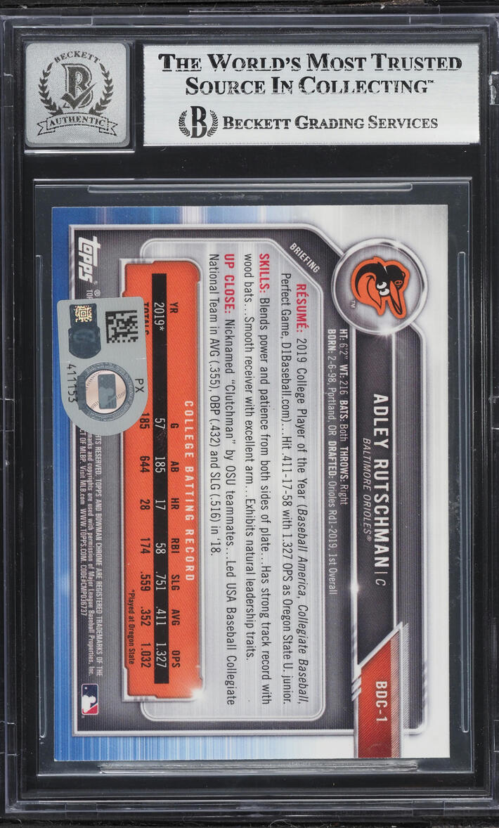 2019 Bowman Chrome Draft Adley Rutschman PROSPECT AUTO #BDC-1 BAS BGS 9 MINT